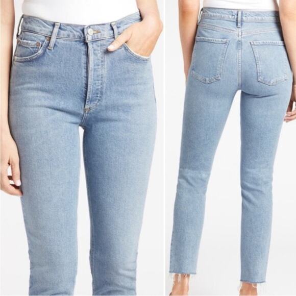 AGOLDE Nico High Rise Slim Jean Cliffside Light Wash Blue Raw Hem Size 25 - Picture 1 of 7